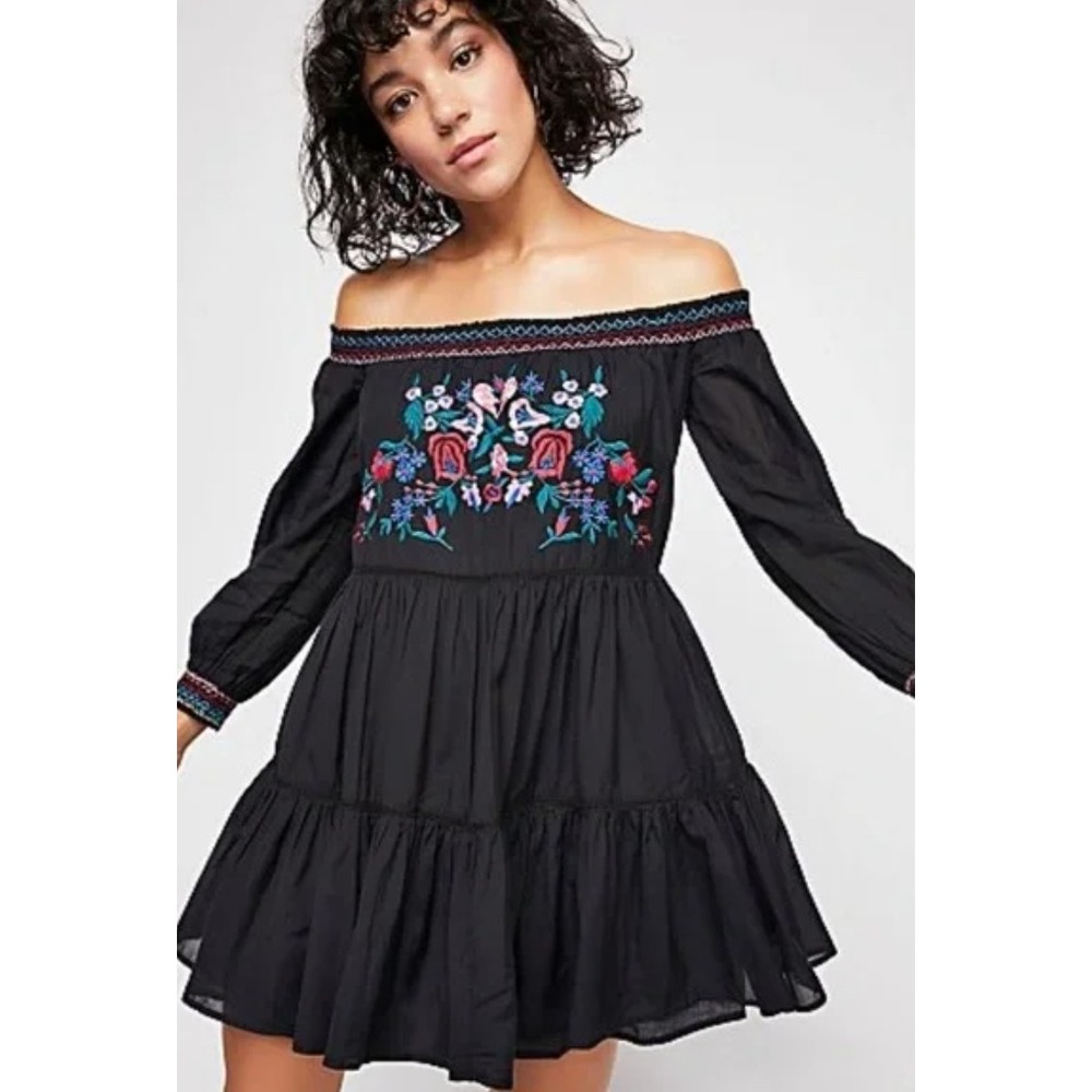 Free‎ People Embroidered Mini Dress Babydoll Gypsy Peasant Hippie Smocked  XS